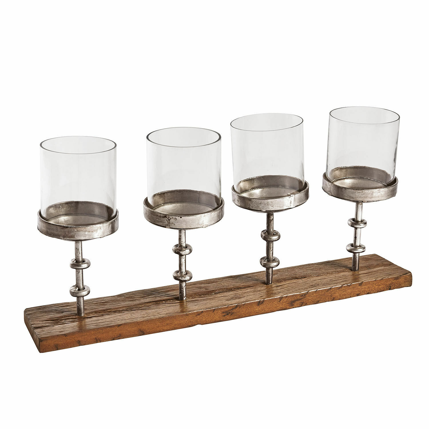 Bougeoirs Mavie Bougeoir en métal pour quatre bougies en verre sur base en bois marron