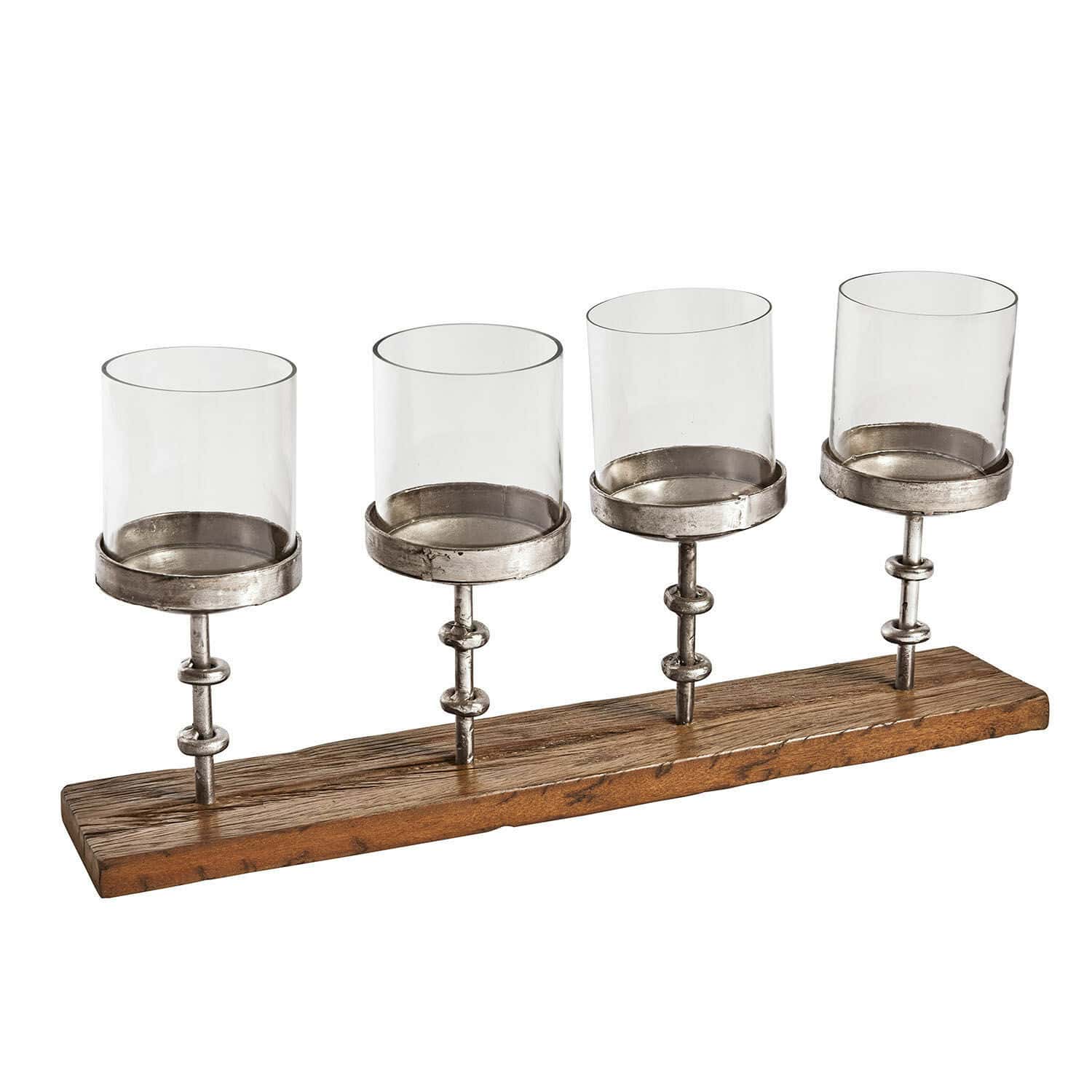 Bougeoirs Mavie Bougeoir en métal pour quatre bougies en verre sur base en bois marron