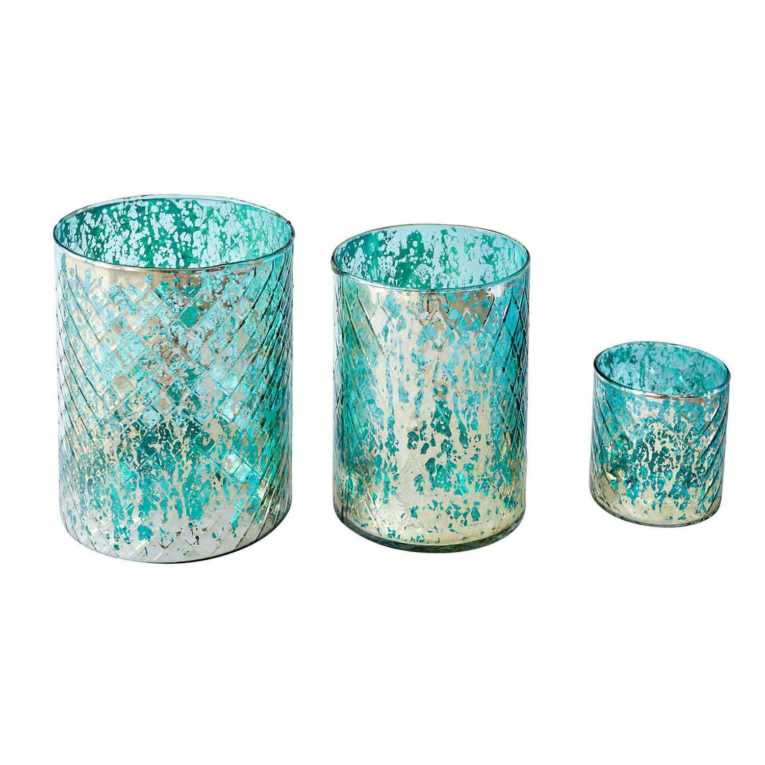 Lot de 3 photophores Firalen Ensemble de trois photophores en verre turquoise et doré avec motif décoratif élégant