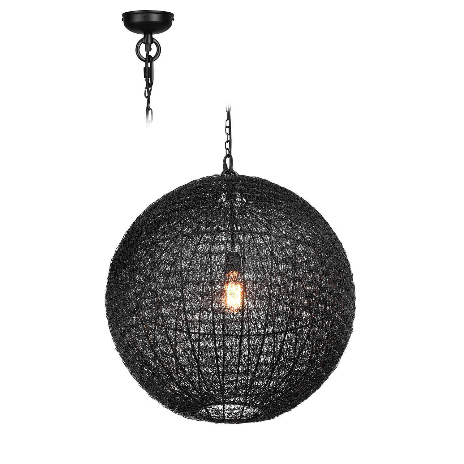 Suspension Castalune Suspension sphérique noire en métal avec abat-jour en maille et ampoule LED visible pour intérieur