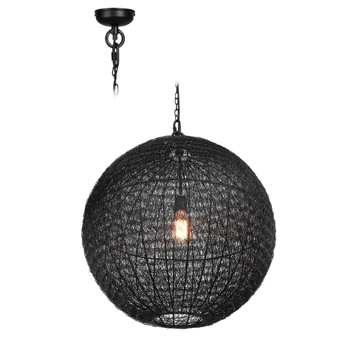 Suspension Castalune Suspension sphérique noire en métal avec abat-jour en maille et ampoule LED visible pour intérieur