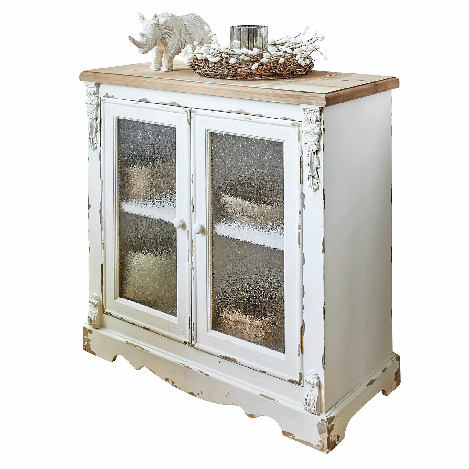 Commode South Yarmouth Buffet en bois blanc style vintage avec portes vitrées et plateau naturel, meuble de salon