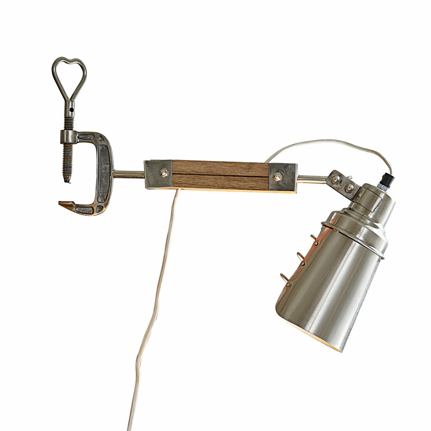 Lampe à pince Lewiston Lampe murale en métal avec pince et poignée en bois argentée pour fixation murale