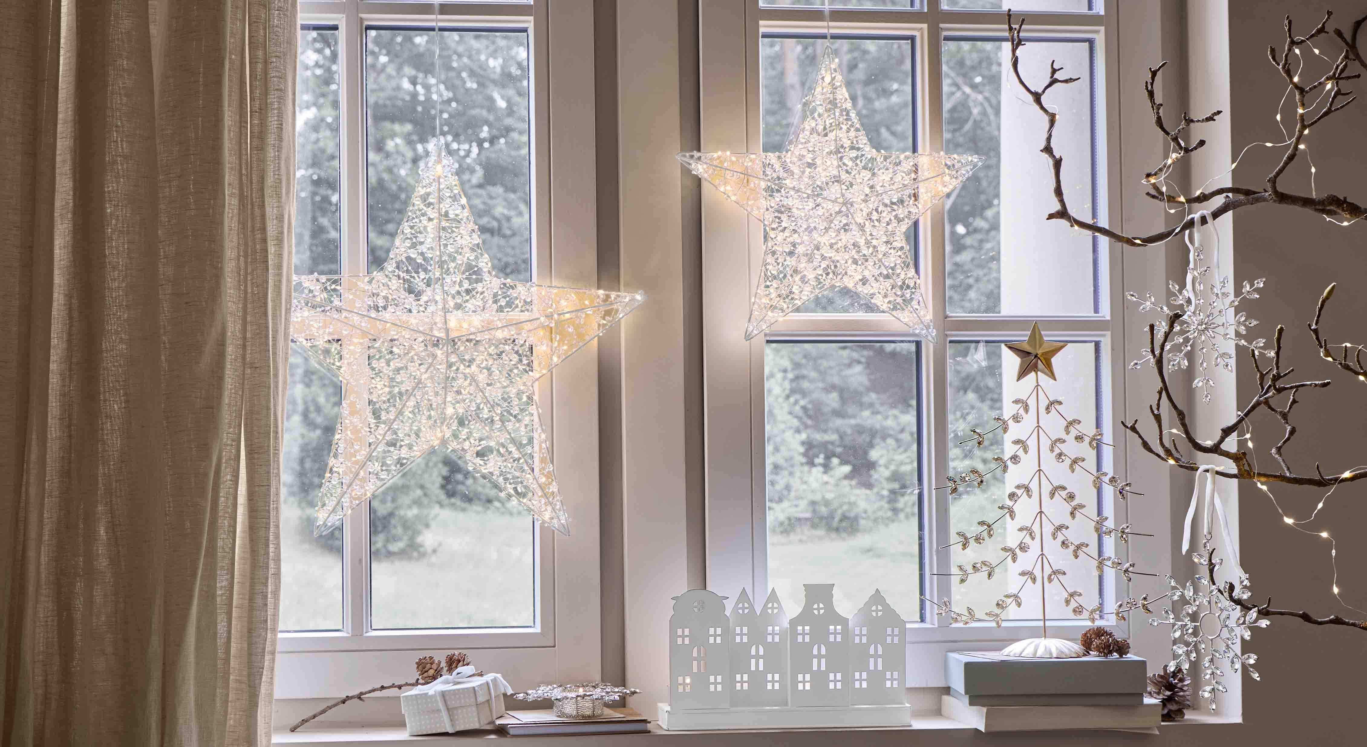 Étoiles lumineuses décoratives en matériau transparent suspendues à la fenêtre, éclairage festif intérieur
