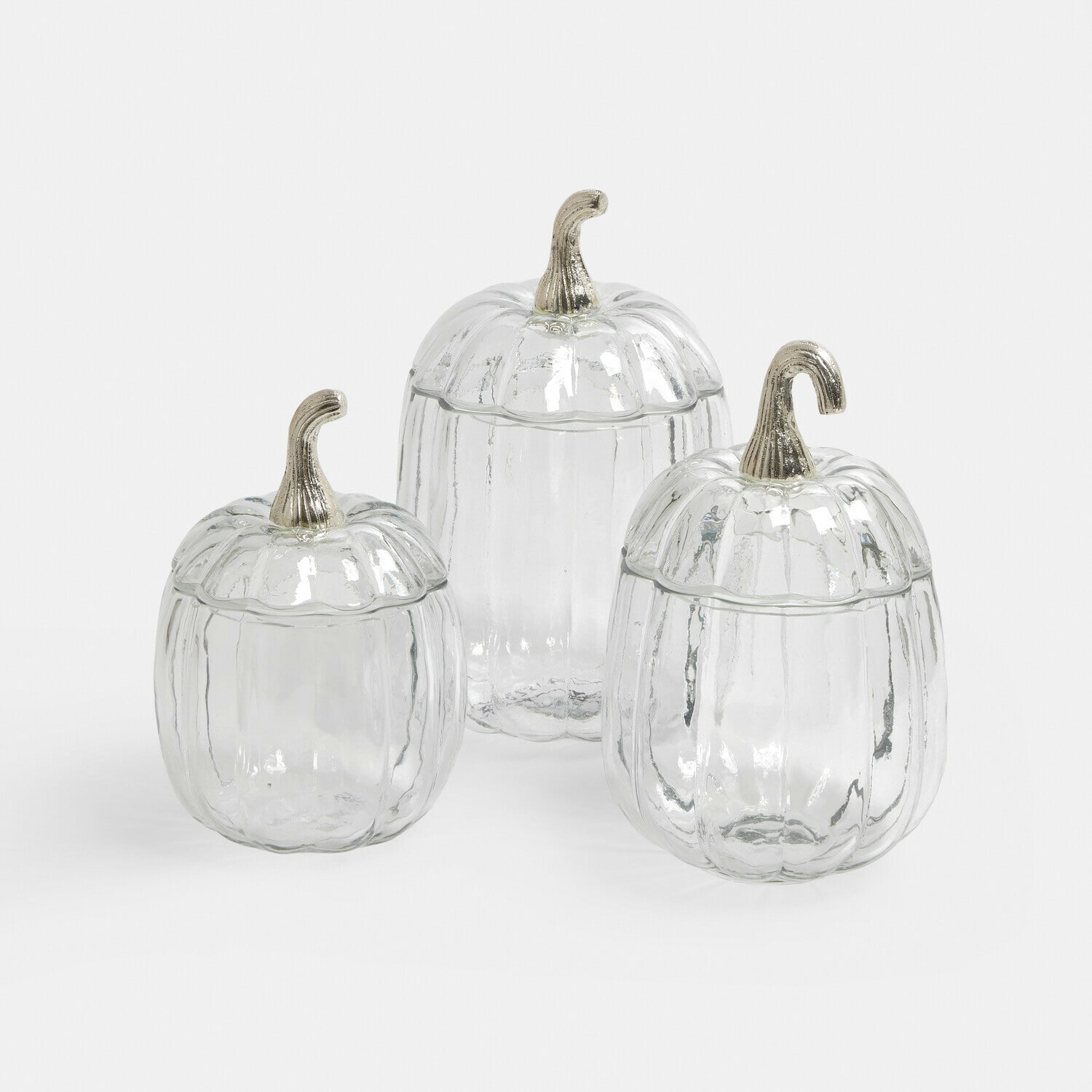Lot de 3 bonbonnières en verre Alérisse Ensemble de trois contenants en verre transparent en forme de citrouille avec couvercles argentés métalliques