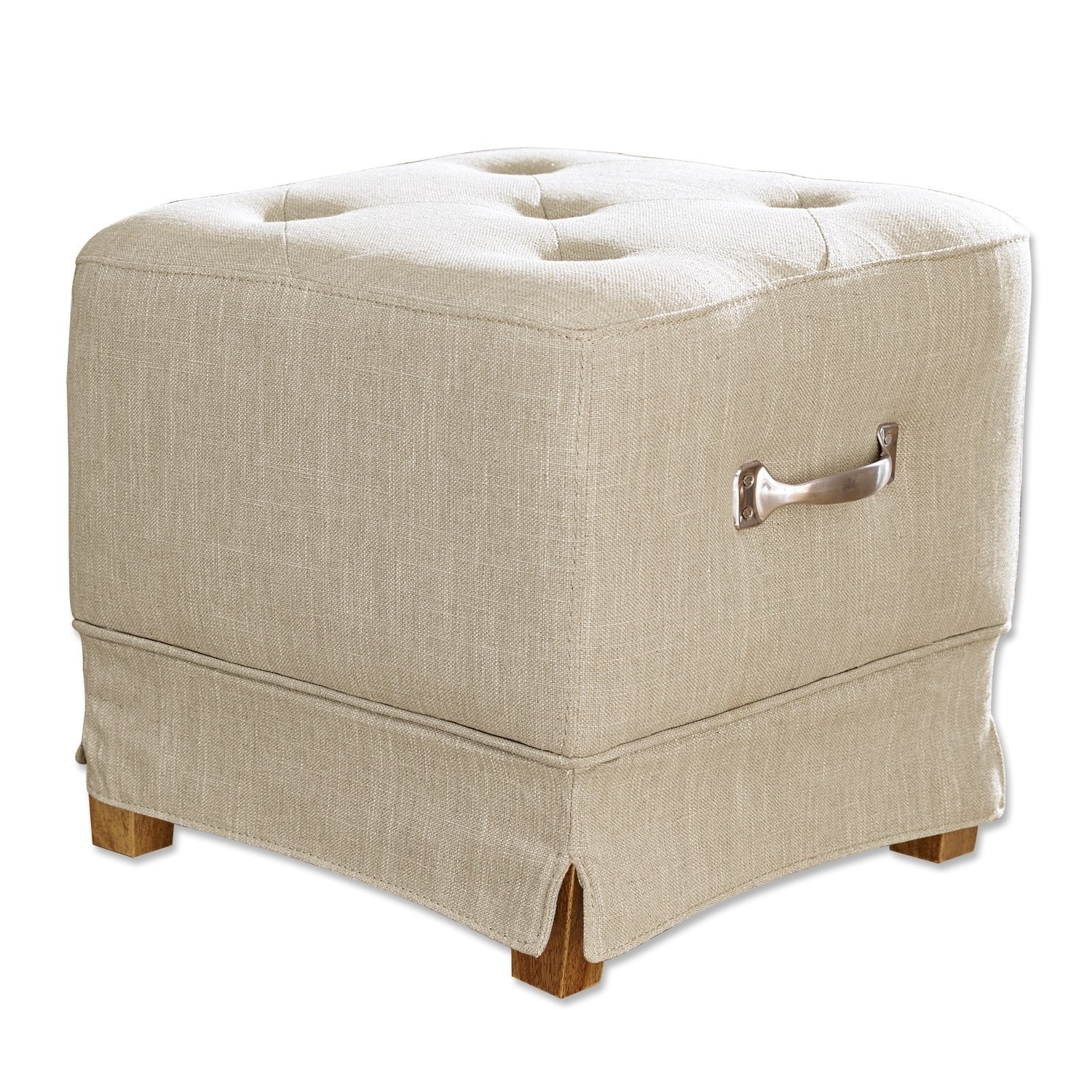 Pouf Burke beige en lin avec pieds en bois et poignée en métal, siège confortable pour salon