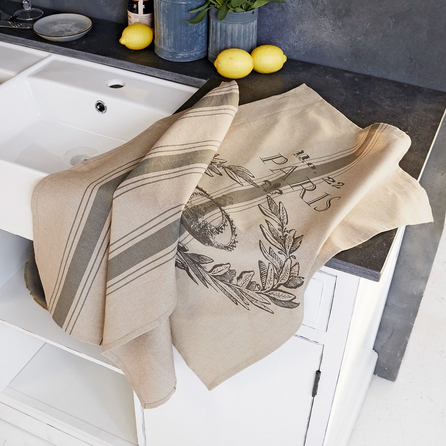 Lot De 3 Torchons Lin Herbal Gardens - 70x50cm - Motifs Thym, Persil, Romarin