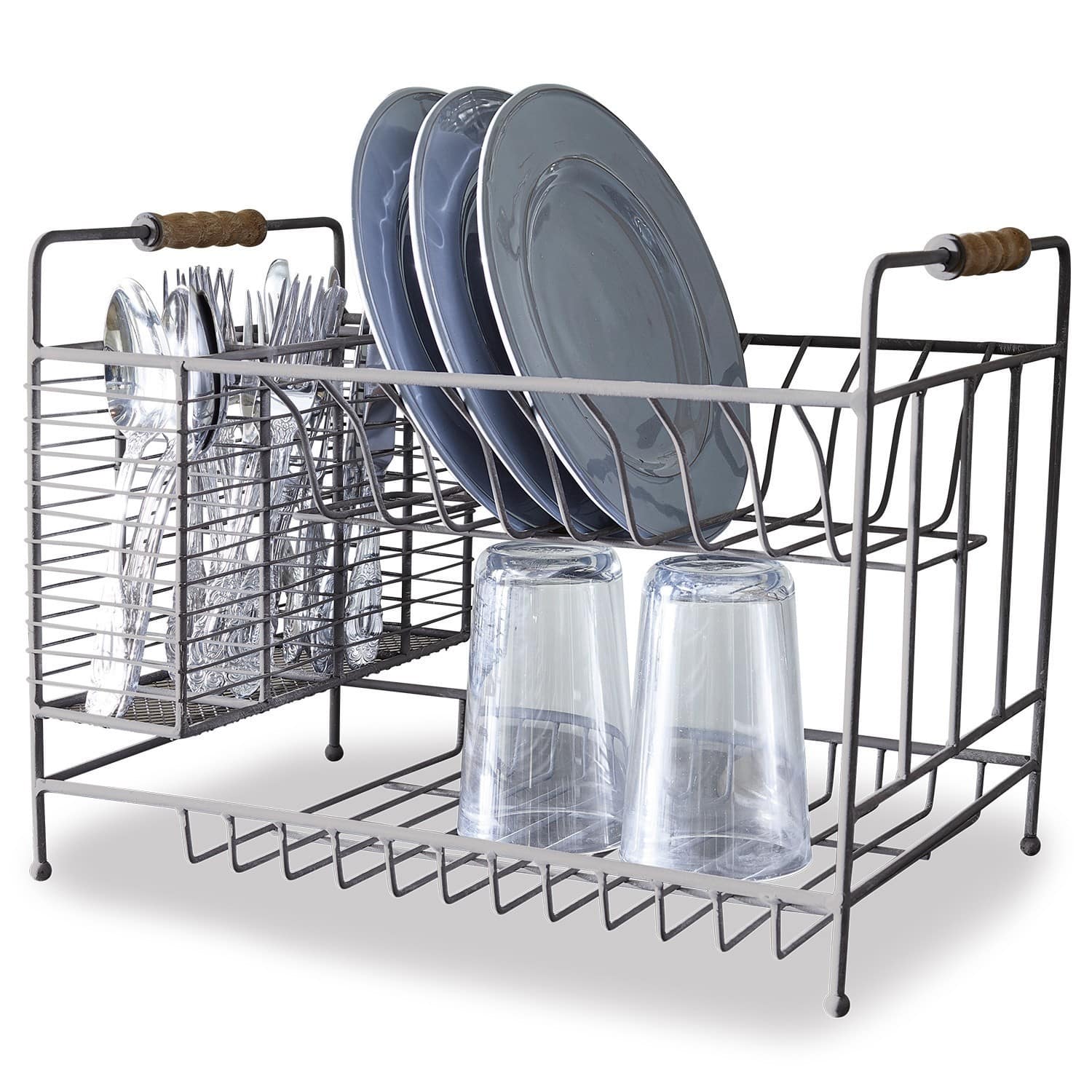 Égouttoir à vaisselle Aden Égouttoir en métal gris avec poignées en bois et compartiment pour couverts, design pratique