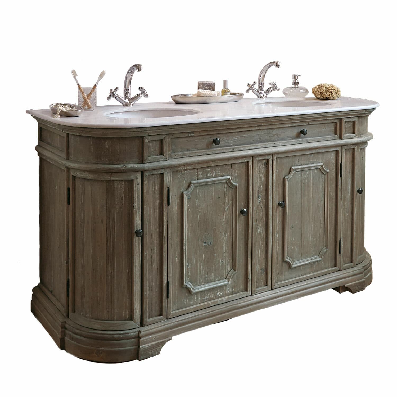 Meuble à double-vasque Pembroke Meuble de salle de bain en bois gris avec double vasque et plan en marbre blanc