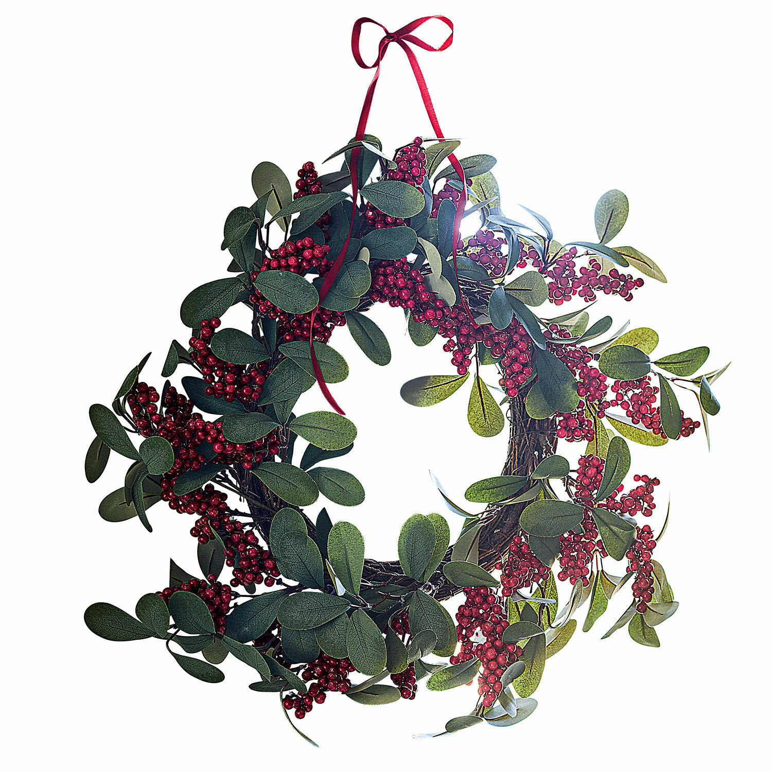 Couronne Lenius Couronne décorative avec feuilles vertes et baies rouges, ruban rouge pour suspension