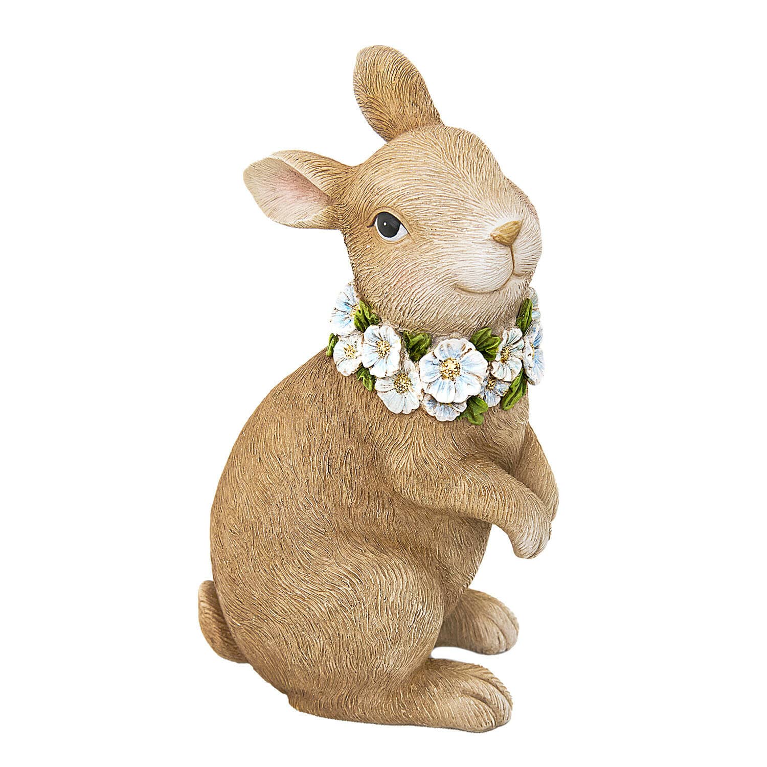 Lapin décoratif Ashfordale Figurine de lapin en résine marron avec collier de fleurs blanches, décoration printanière