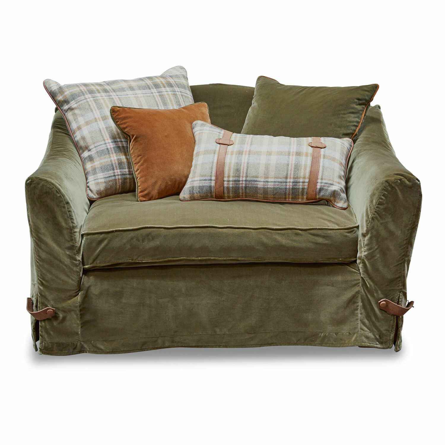 vert Fauteuil vert Halton en tissu doux avec coussins à carreaux et velours marron, meuble confortable pour salon
