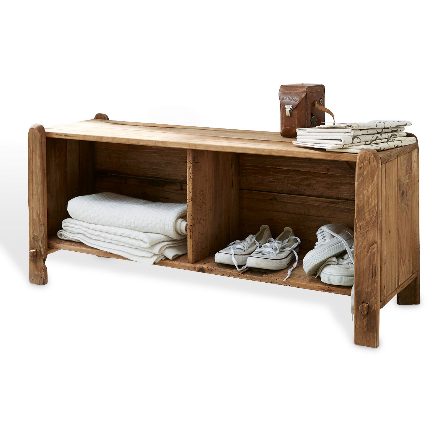 Banc Argenteuil Banc en bois naturel avec étagères pour chaussures et textiles, meuble d'entrée pratique