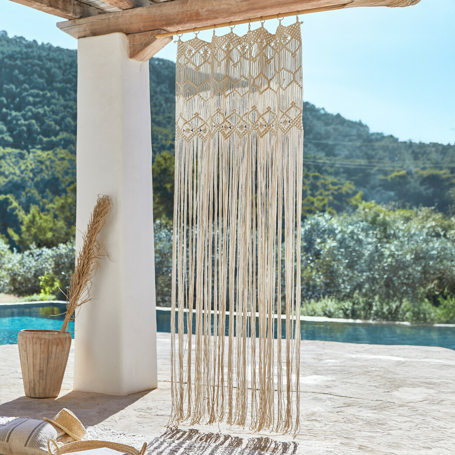 Rideau Freya Décoration murale macramé en coton naturel beige, style bohème pour intérieur et extérieur