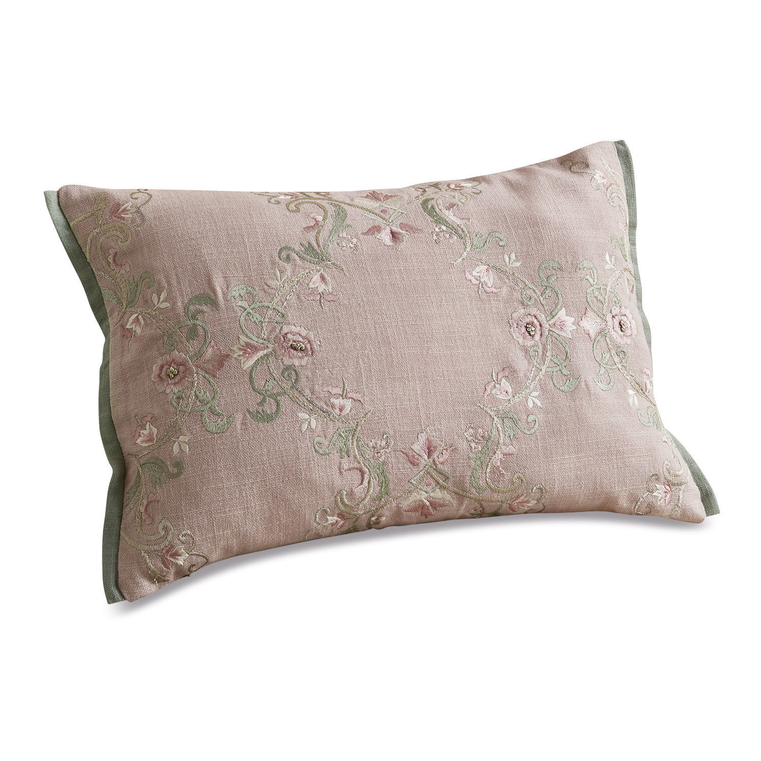 Coussin Lulu Coussin rose en lin avec broderie florale et bordure verte pour décoration intérieure élégante