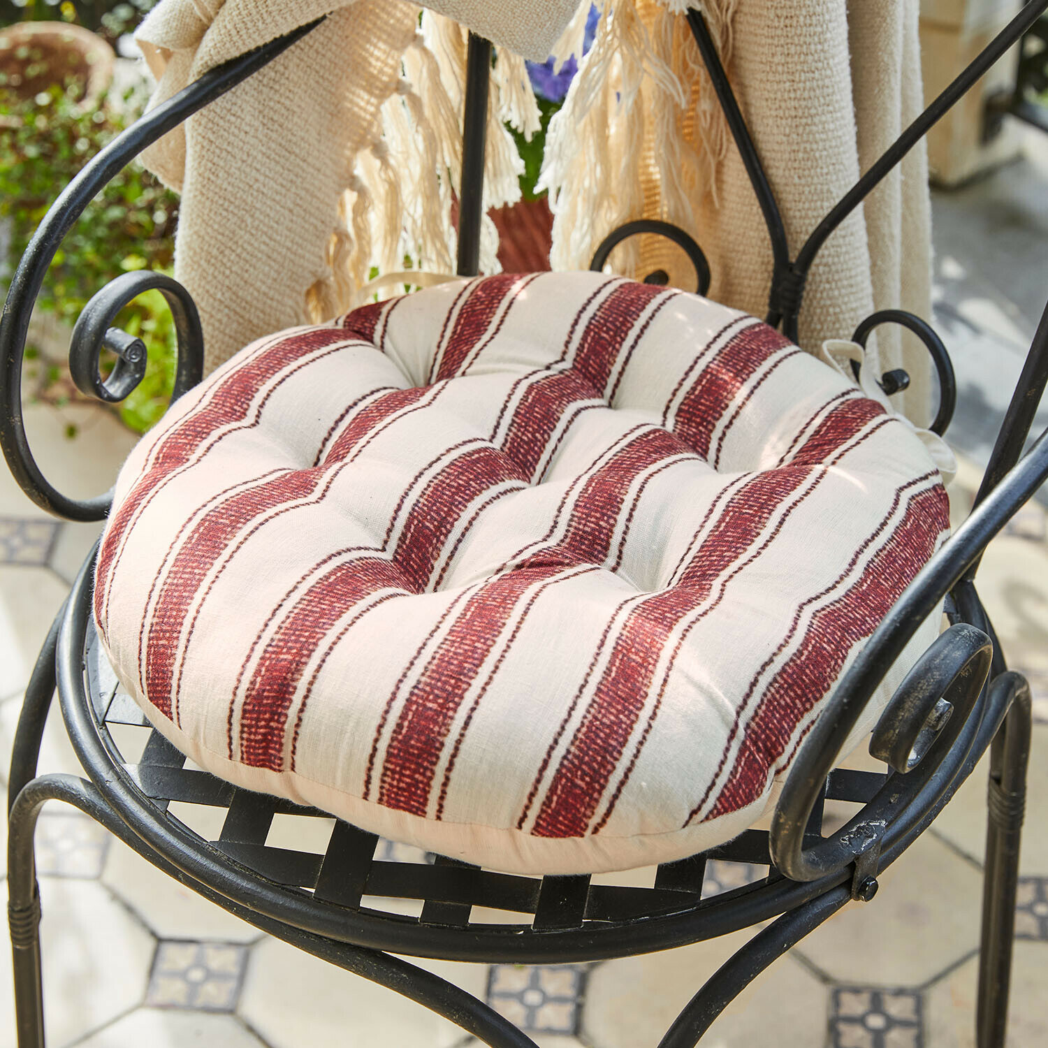 Lot de 2 galettes de chaises Bourrignon Coussin rond en coton crème à rayures rouges pour chaise, confortable et décoratif