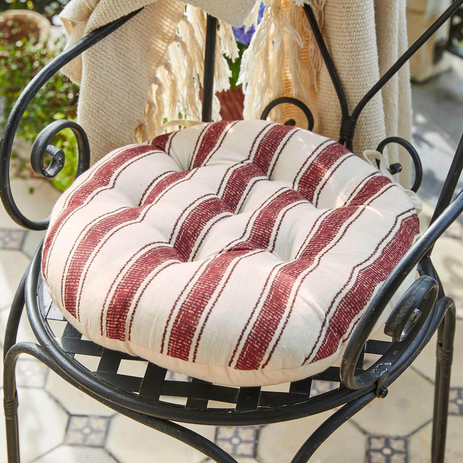 Lot de 2 galettes de chaises Bourrignon Coussin rond en coton crème à rayures rouges pour chaise, confortable et décoratif