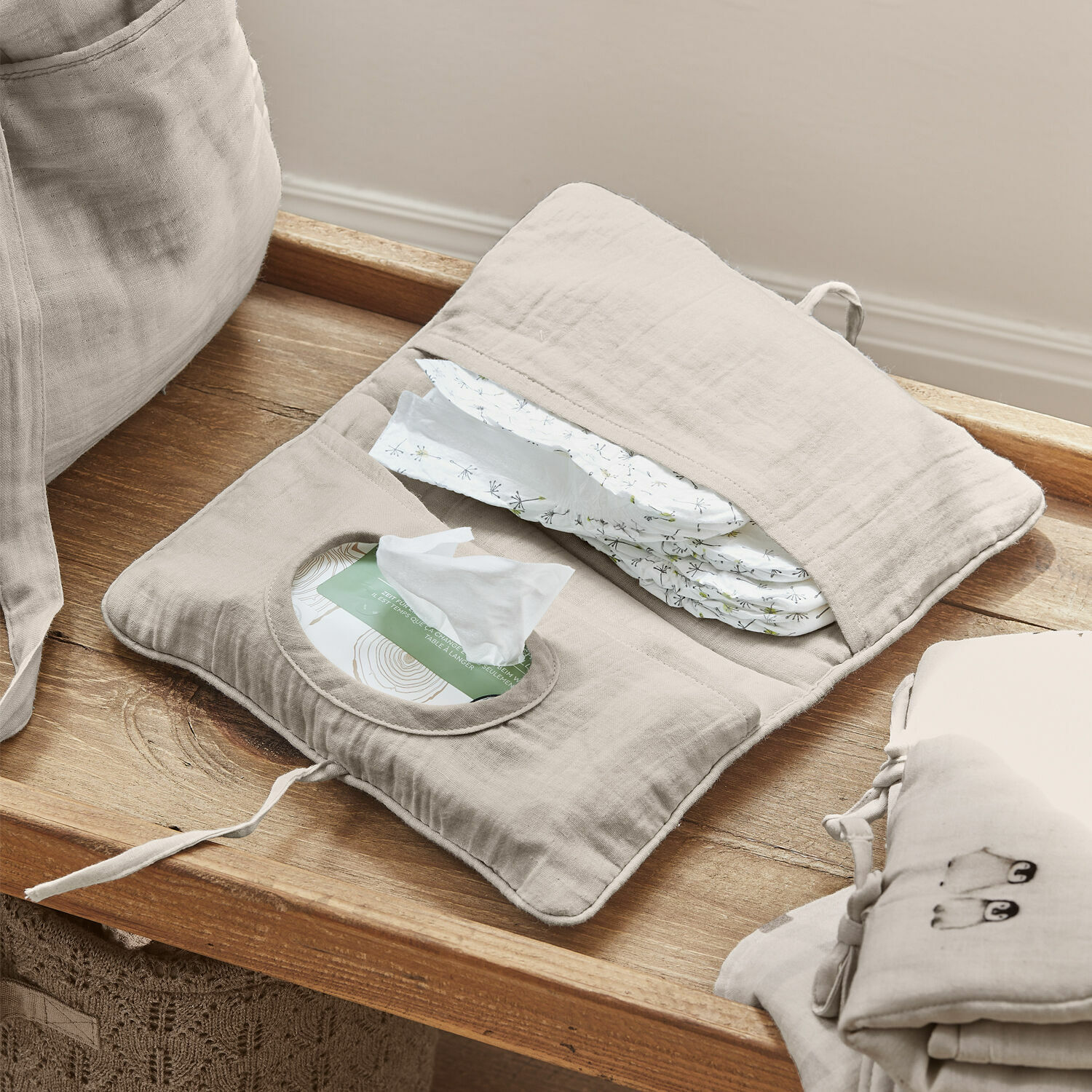 Pochette à lingettes Mireval Organisateur beige en coton pour couches et lingettes, pratique pour le change de bébé