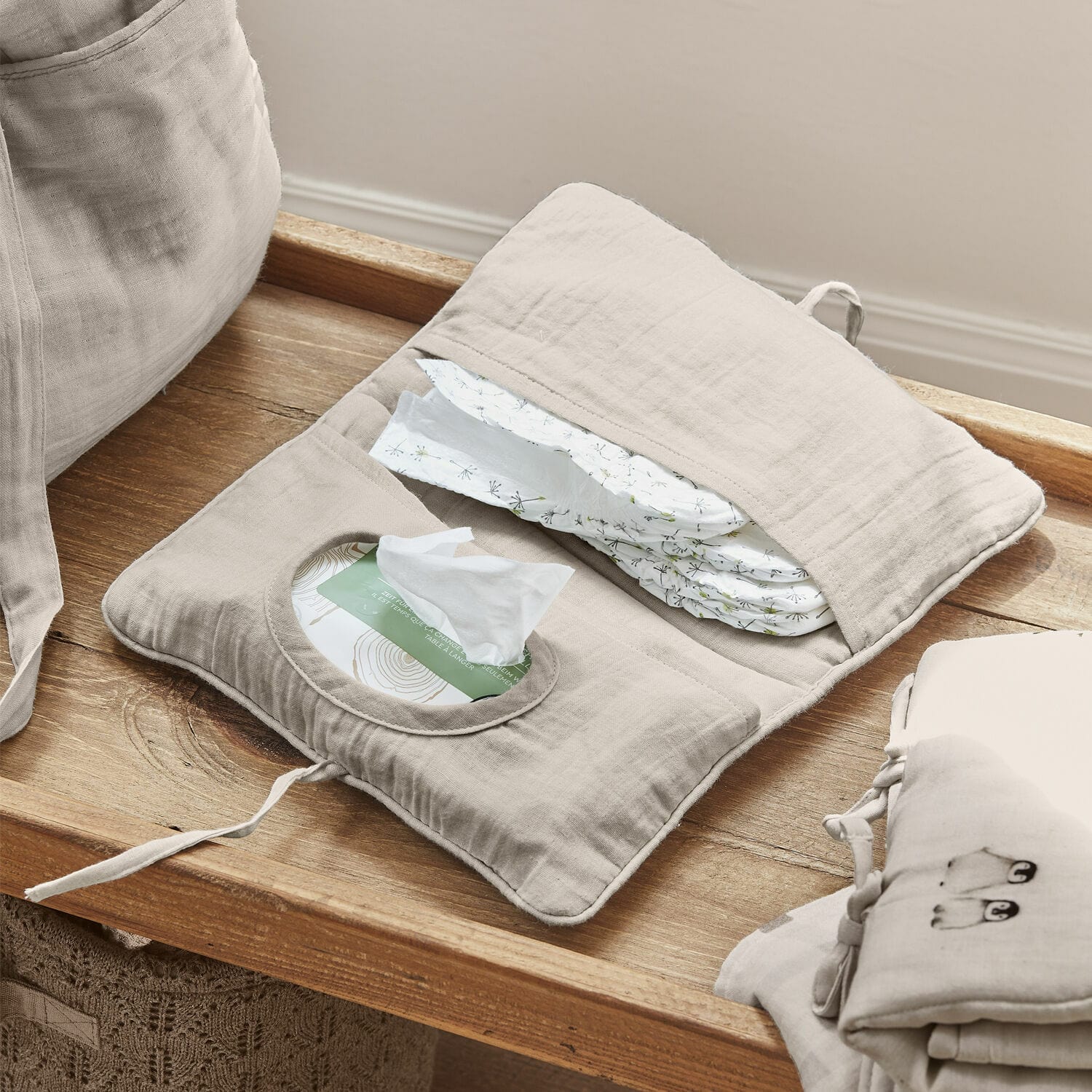 Pochette à lingettes Mireval Organisateur beige en coton pour couches et lingettes, pratique pour le change de bébé