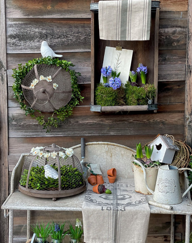 Table de jardin rustique en métal avec décorations florales et plantes vertes en pot