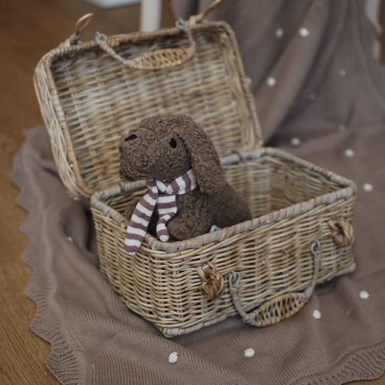 Chien en peluche marron avec écharpe rayée dans un panier en osier sur une couverture marron à pois