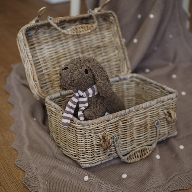 Chien en peluche marron avec écharpe rayée dans un panier en osier sur une couverture marron à pois