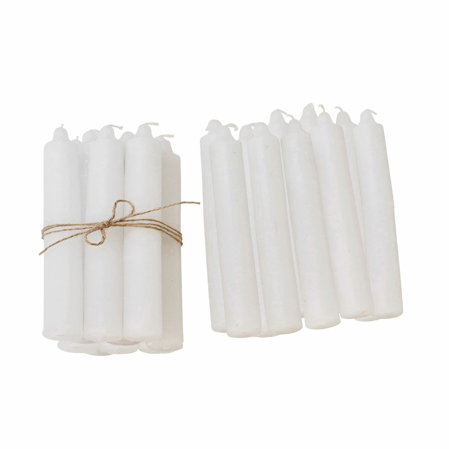 Lot de 20 bougies Noufa Lot de bougies blanches en cire liées par une corde, idéales pour décoration et éclairage.