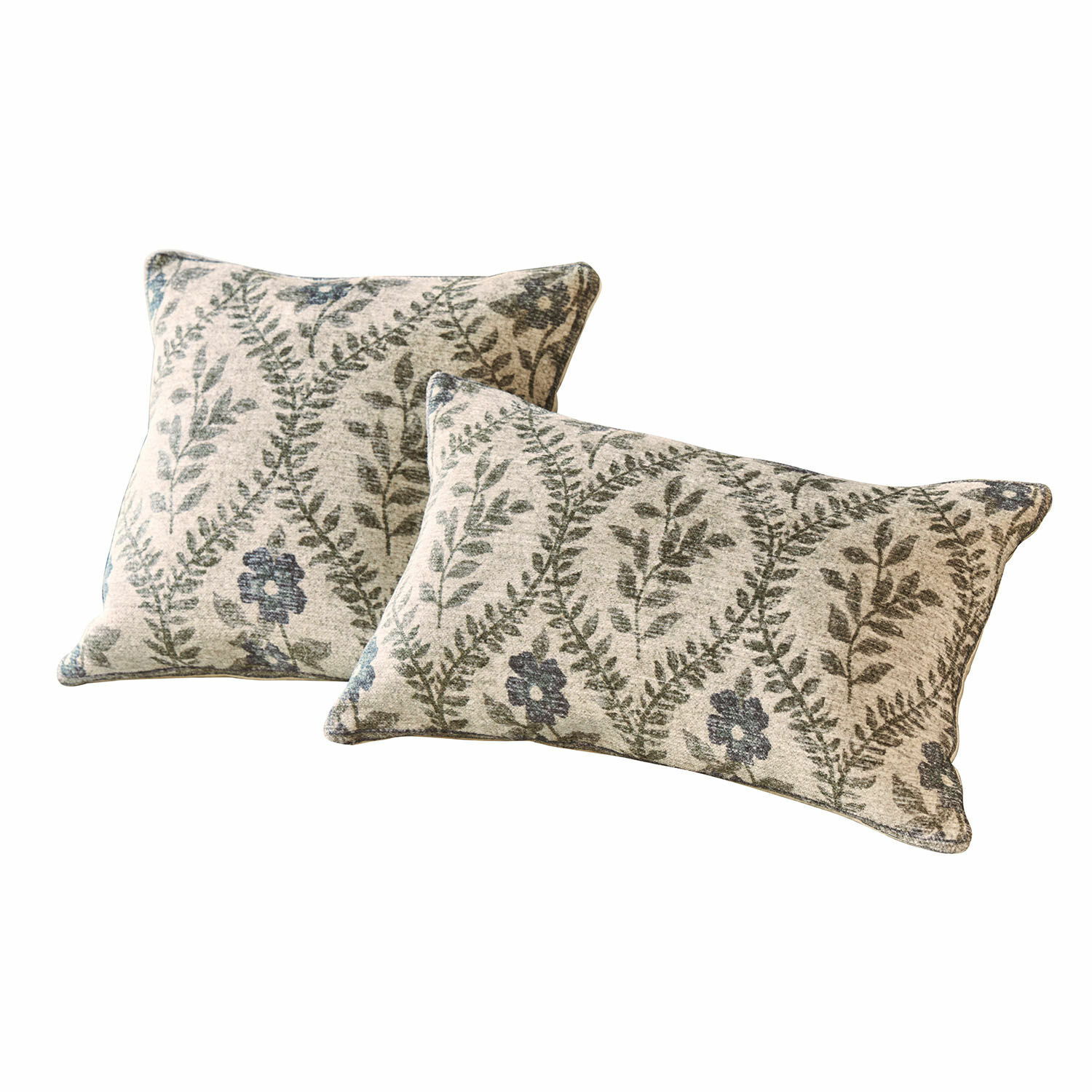 Lot de 2 housses de coussin Vellouris Ensemble de deux coussins décoratifs en coton beige avec motifs végétaux verts et bleus pour salon