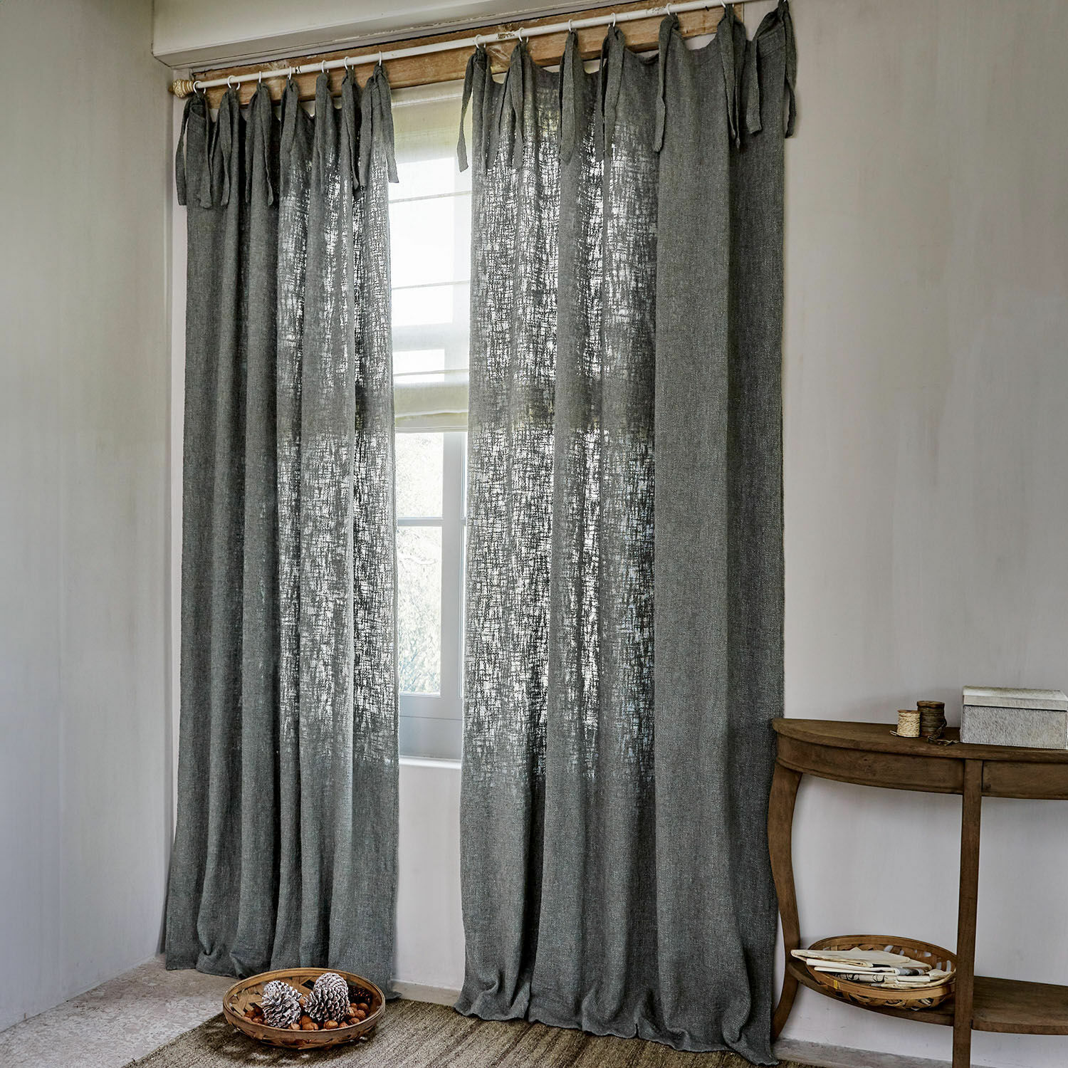 Rideau Pont-Arcy Rideaux en lin gris avec liens noués, légèrement transparents, décoration de fenêtre élégante pour salon