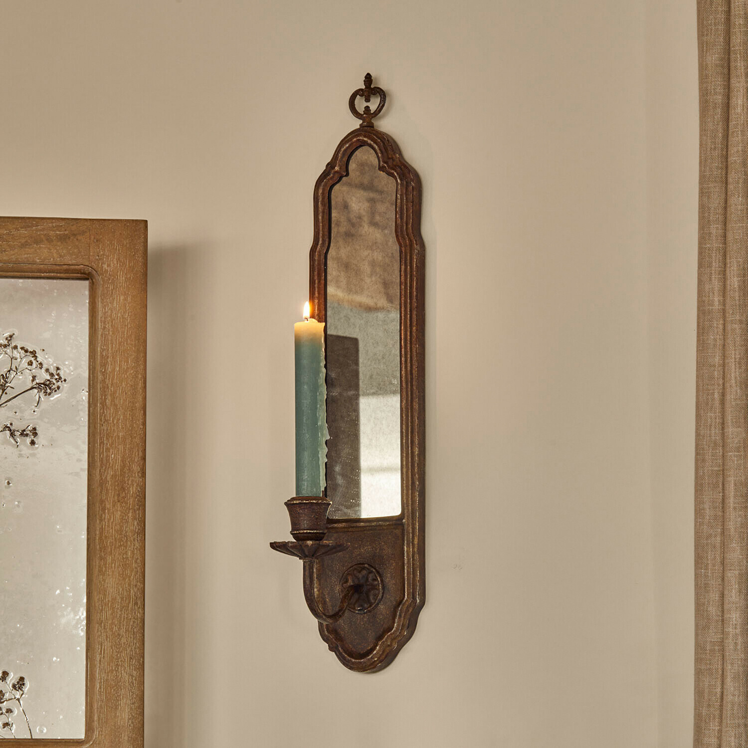 Porte-bougies Halimya Applique murale en métal rustique avec miroir et bougie verte, décoration murale vintage