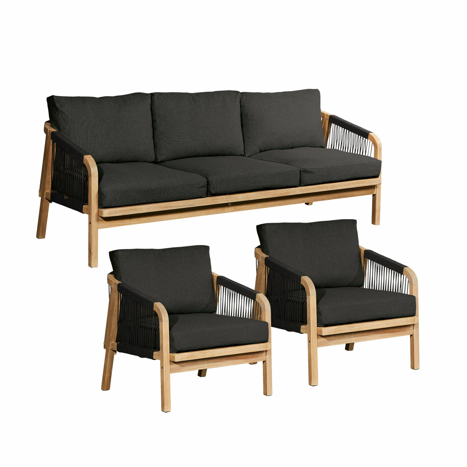 Salon de jardin FSC®-100% Shreveport Ensemble de mobilier de jardin en teck avec coussins noirs, canapé et deux fauteuils