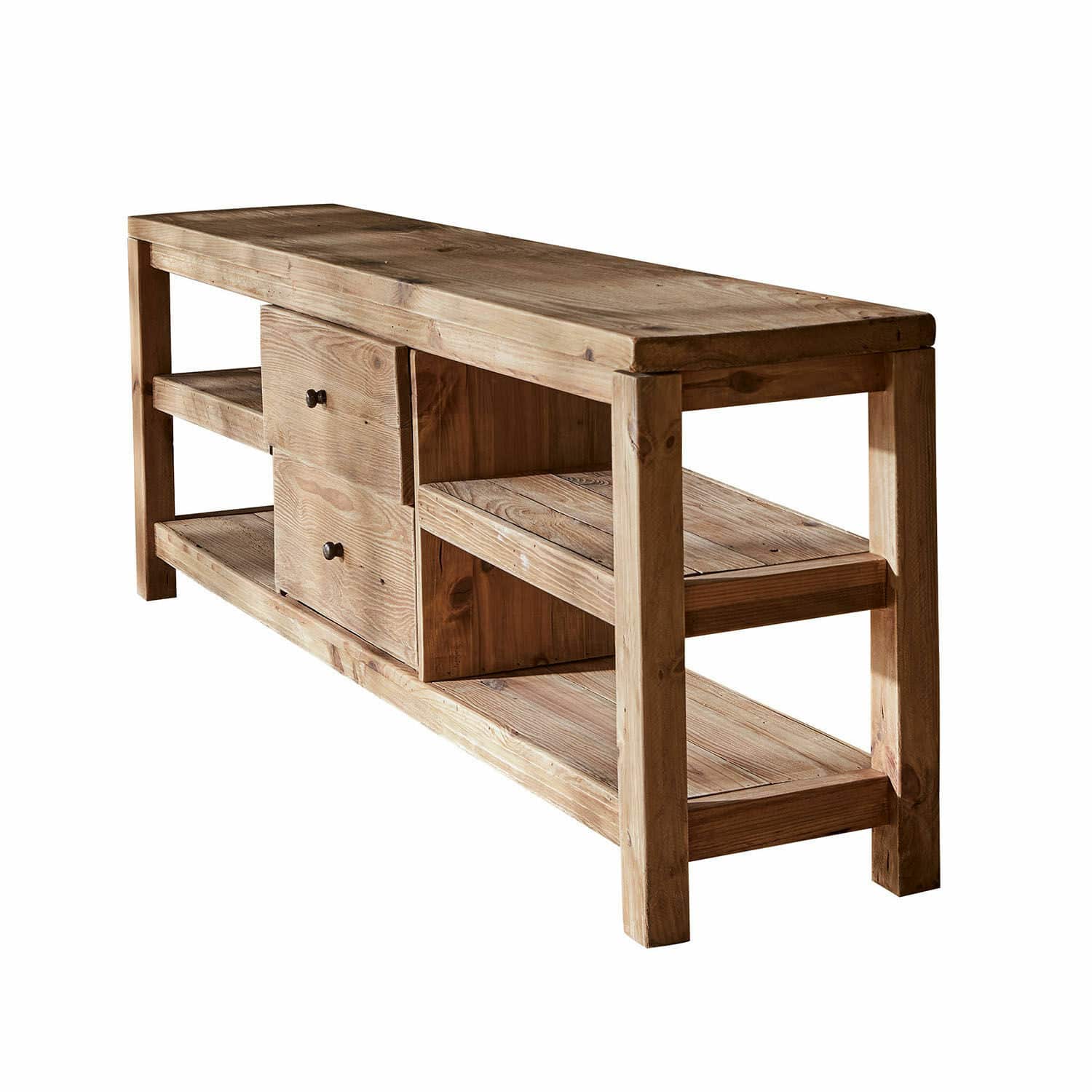 Buffet bas Ainvelle Table basse en bois naturel avec étagères et tiroirs, meuble en bois massif pour salon