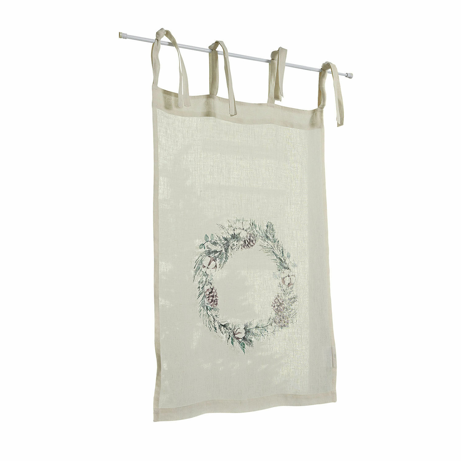 Brise-bise Torge Rideau en lin beige avec couronne décorative de pommes de pin et branches, style rustique