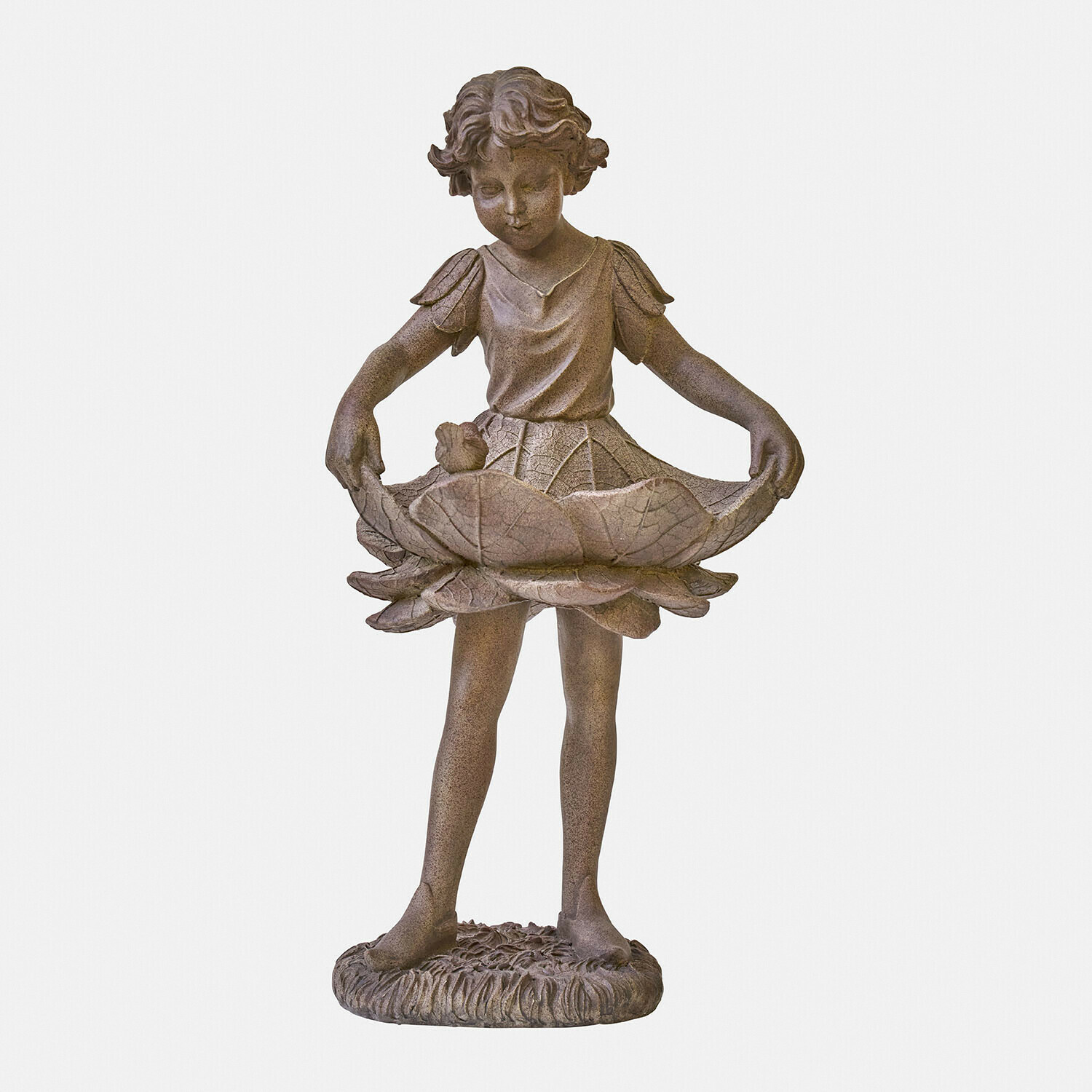 Figurine décorative Aimorise Statue en métal brun d'une fillette tenant une feuille en forme de bol, décoration de jardin