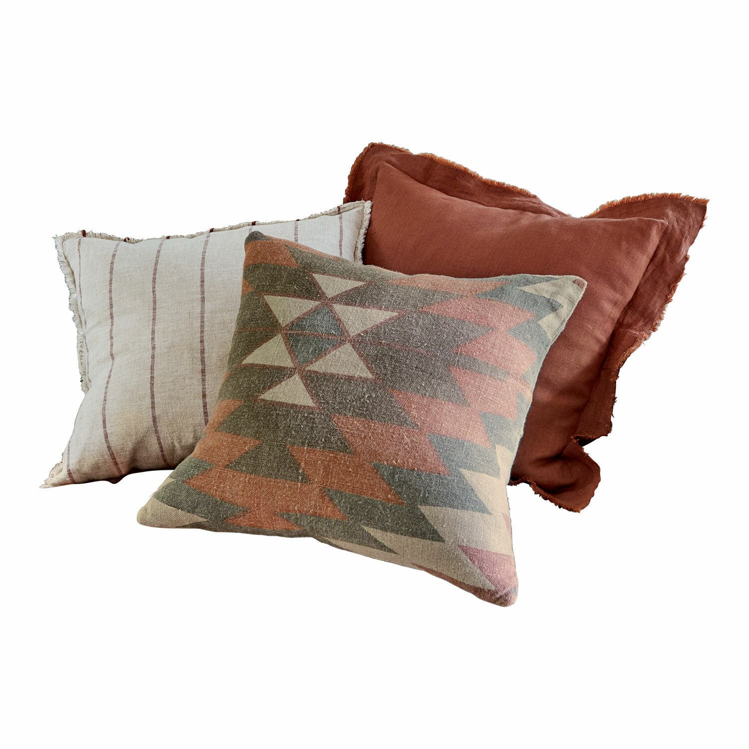 Lot de 3 housses de coussins Florentin Ensemble de trois coussins décoratifs en tissu aux tons chauds beige, marron et motifs géométriques