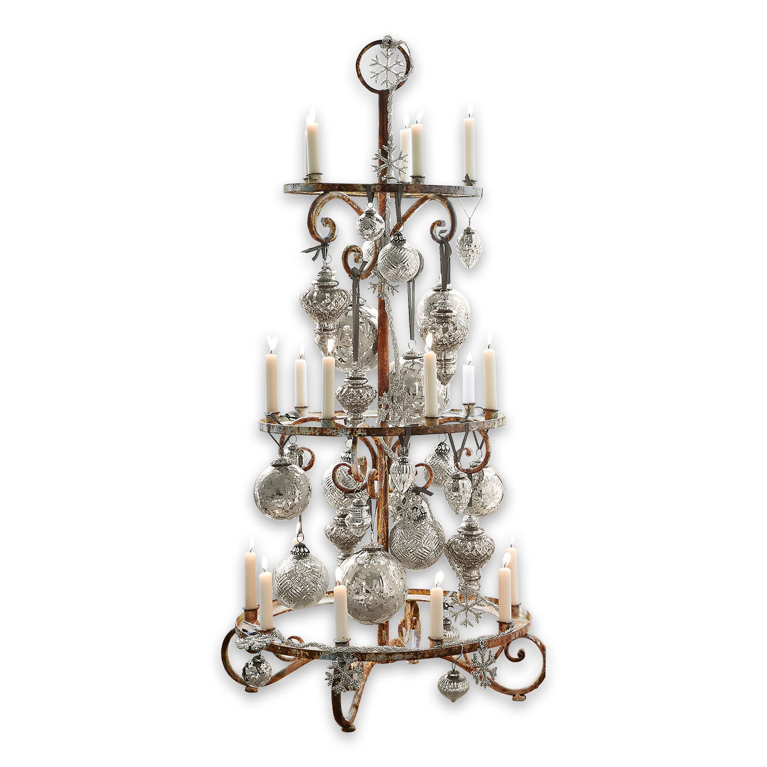 Sapin décoratif Sercoeur Chandelier en métal rustique avec décorations argentées et bougies blanches pour Noël