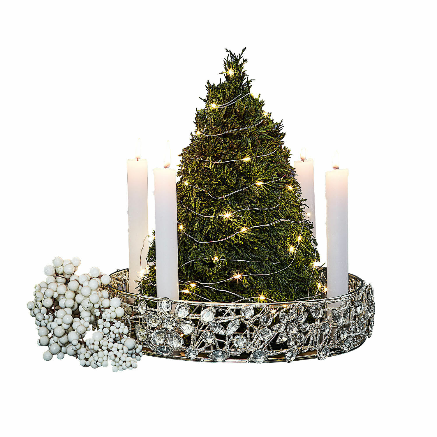 Bougeoir Hope Bougeoir de Noël avec bougies blanches et décoration sapin vert illuminée par des LED