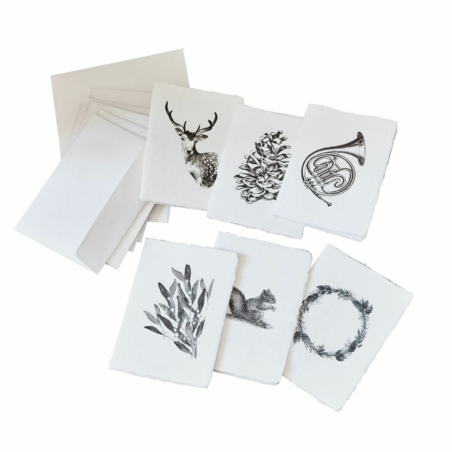 Lot de 6 cartes de vœux Previa Ensemble de cartes blanches avec illustrations de cerf, pomme de pin, écureuil et couronne sur papier artisanal