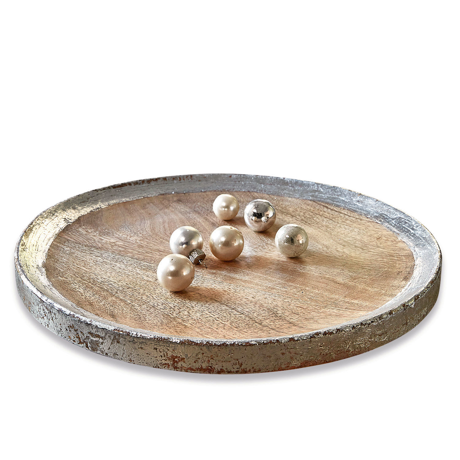 Plateau Yvo Plateau rond en bois de manguier avec bordure métallique argentée et boules décoratives nacrées
