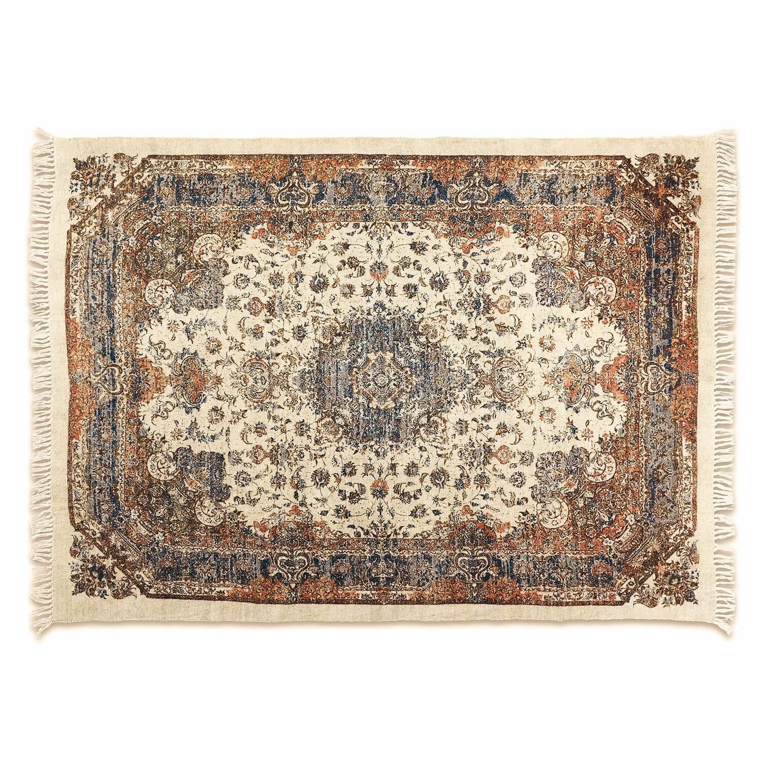 Tapis Aleixo Tapis en coton crème avec motifs marron et franges, décoration élégante pour salon