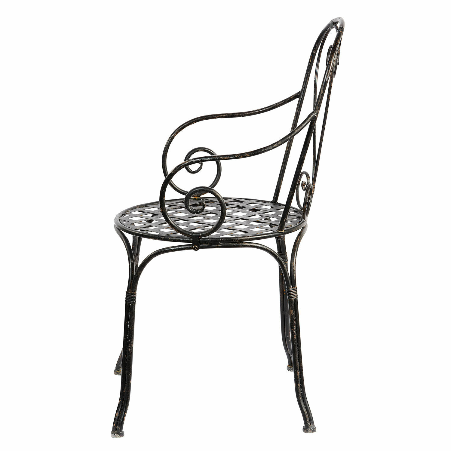 noir vieilli Chaise Aube en métal noir antique avec accoudoirs courbés et assise ajourée décorative
