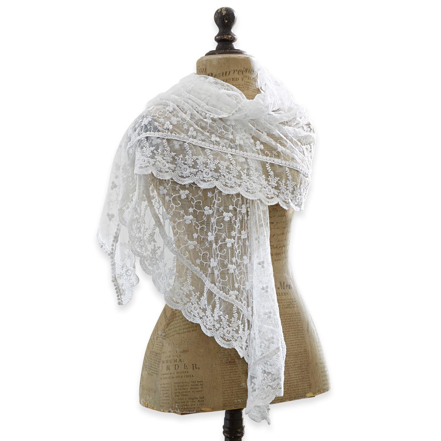 Étole Belvéze Châle en dentelle blanche avec motif floral délicat sur mannequin, accessoire élégant pour tenue