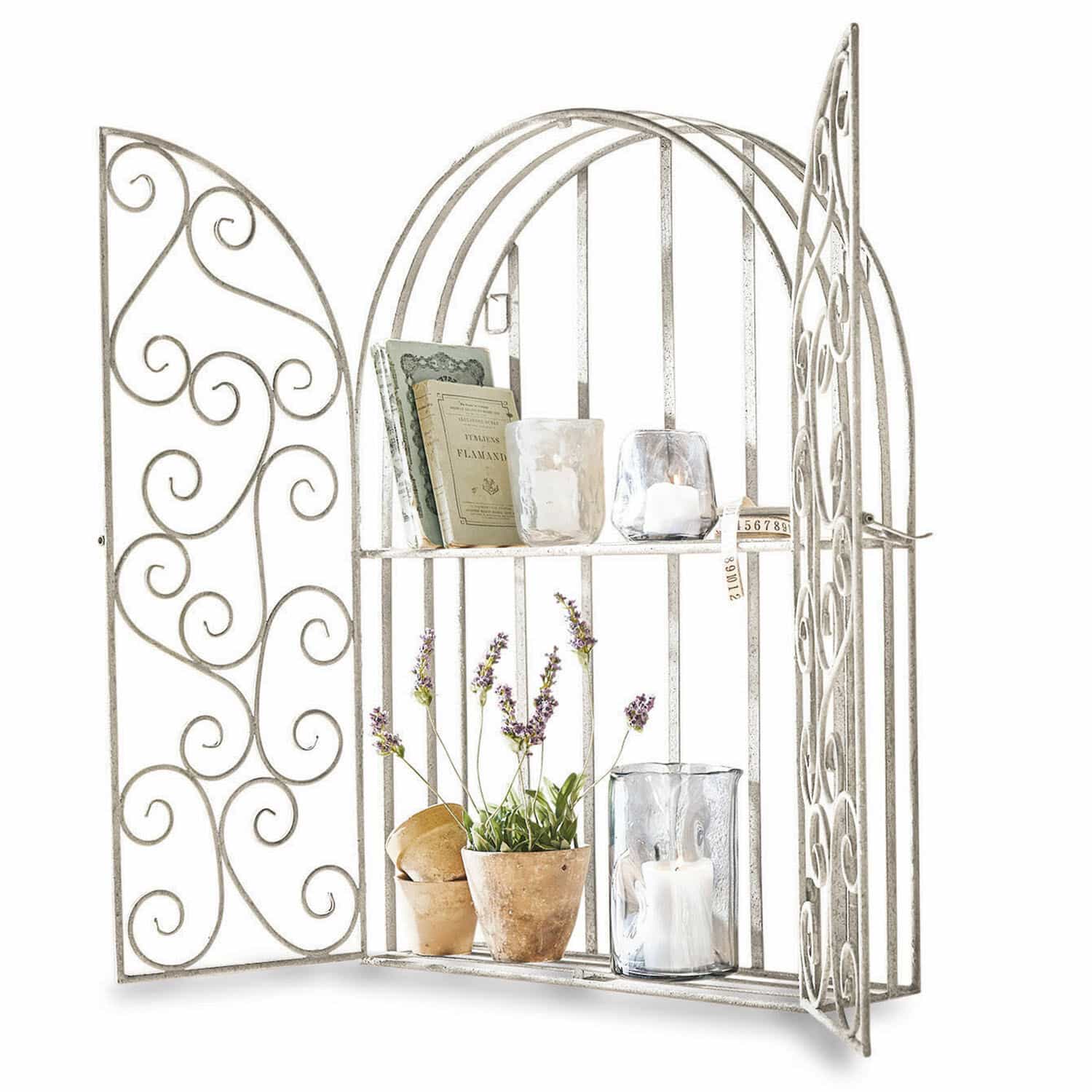 Étagère murale Chambellay Étagère murale blanche en métal avec portes décoratives, lavande et bougies décoratives