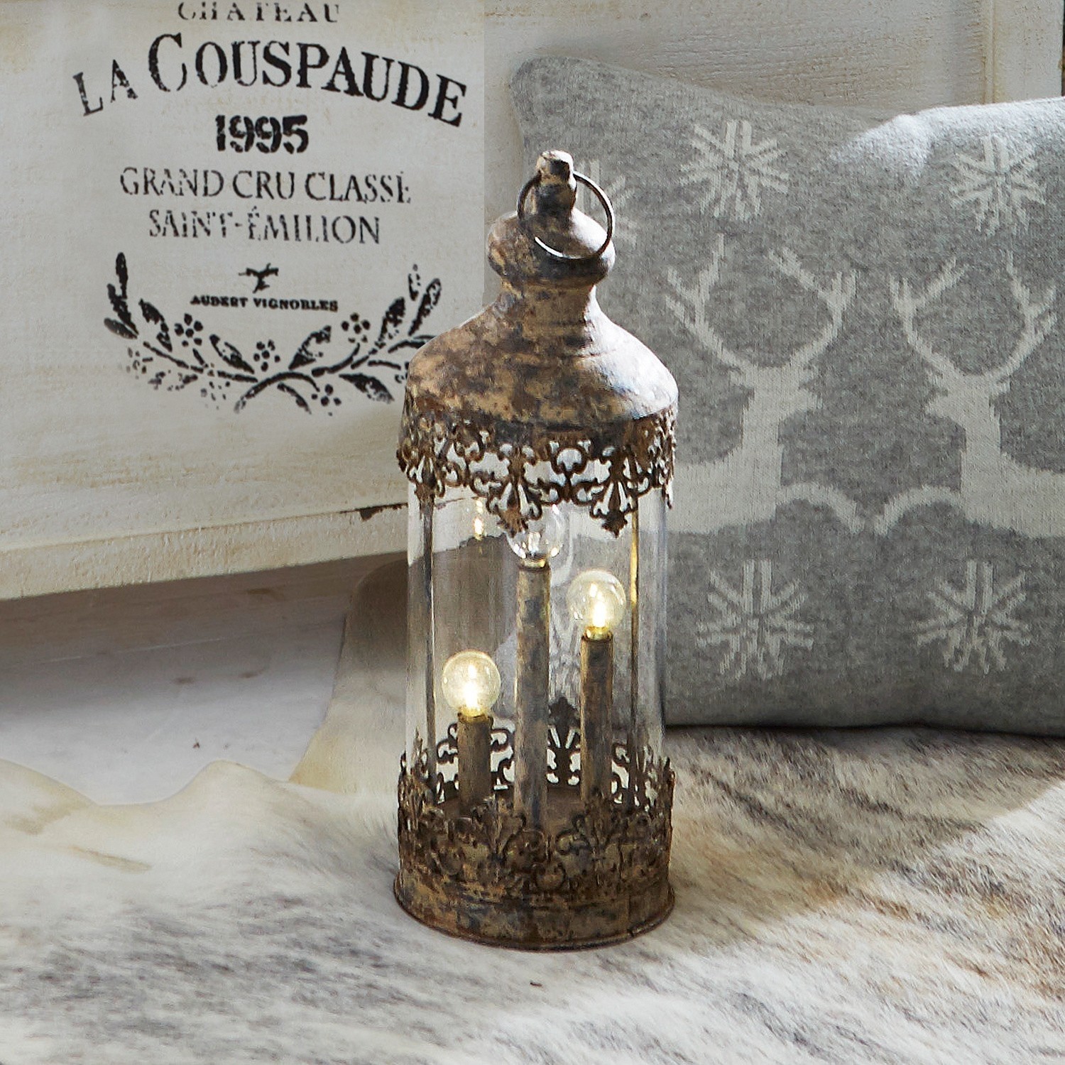 Lanterne Cosette Lanterne décorative en métal et verre style vintage, couleur brun, pour intérieur et jardin