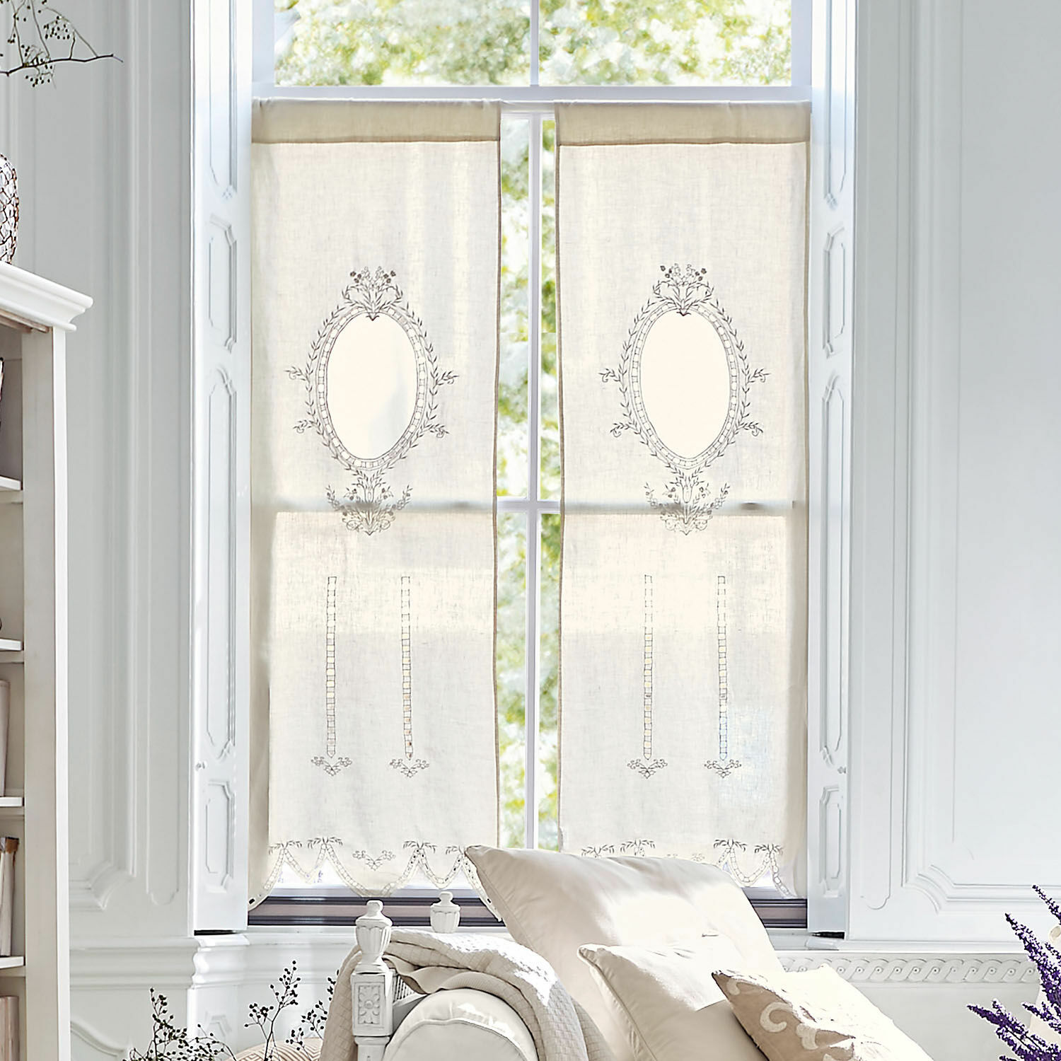 Voilage Loiret Rideaux en lin beige avec broderie délicate et motif décoratif pour salon, décoration de fenêtre