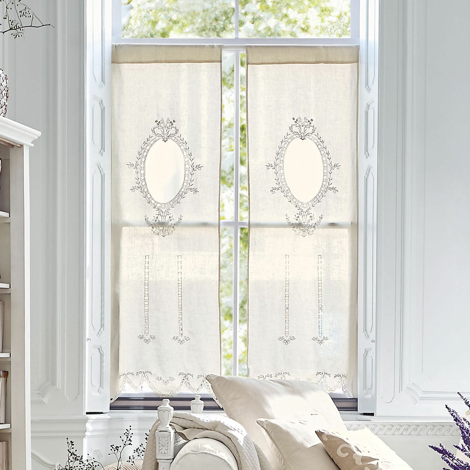 Voilage Loiret Rideaux en lin beige avec broderie délicate et motif décoratif pour salon, décoration de fenêtre
