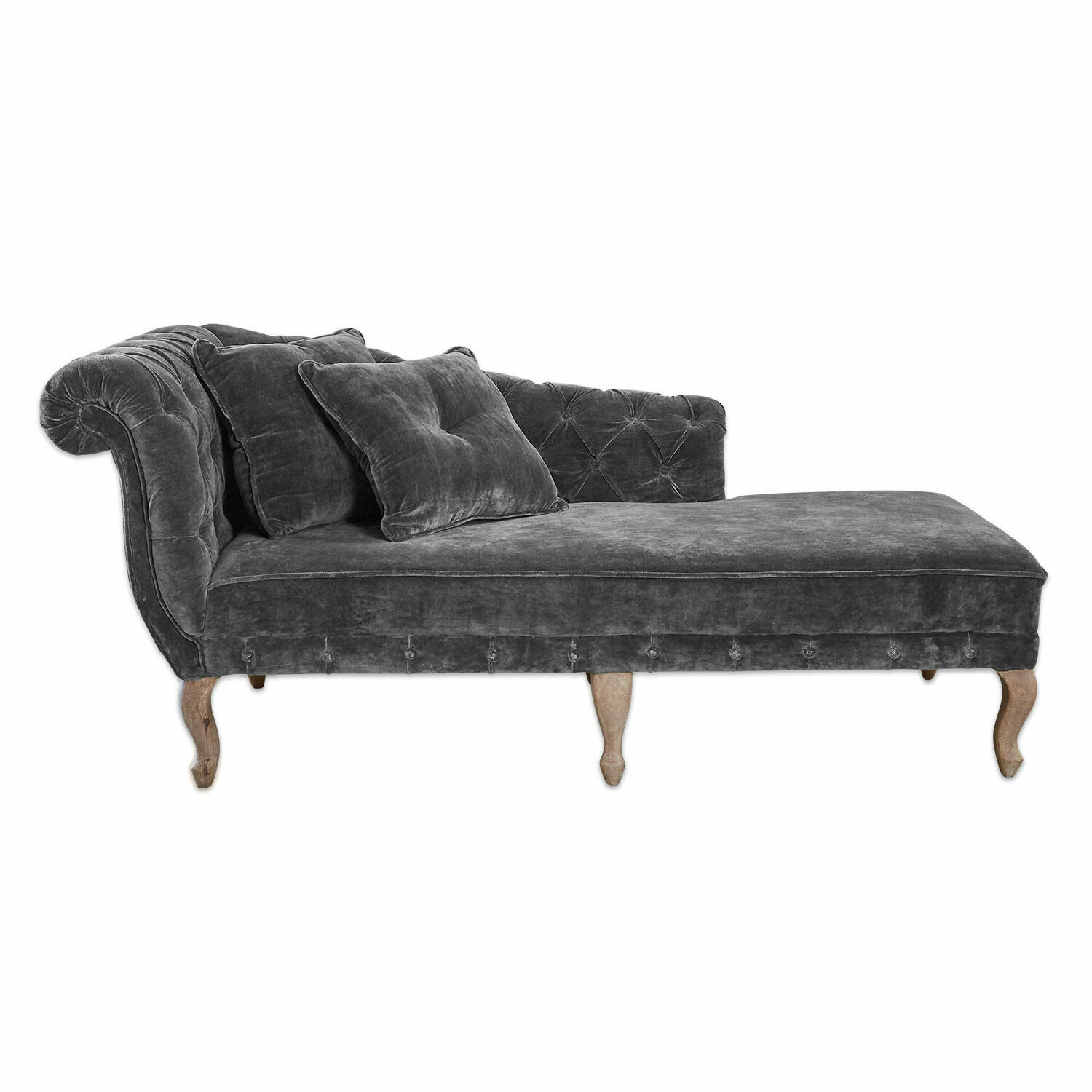 gris Chaise longue Viviani en velours gris avec pieds en bois, canapé élégant pour salon