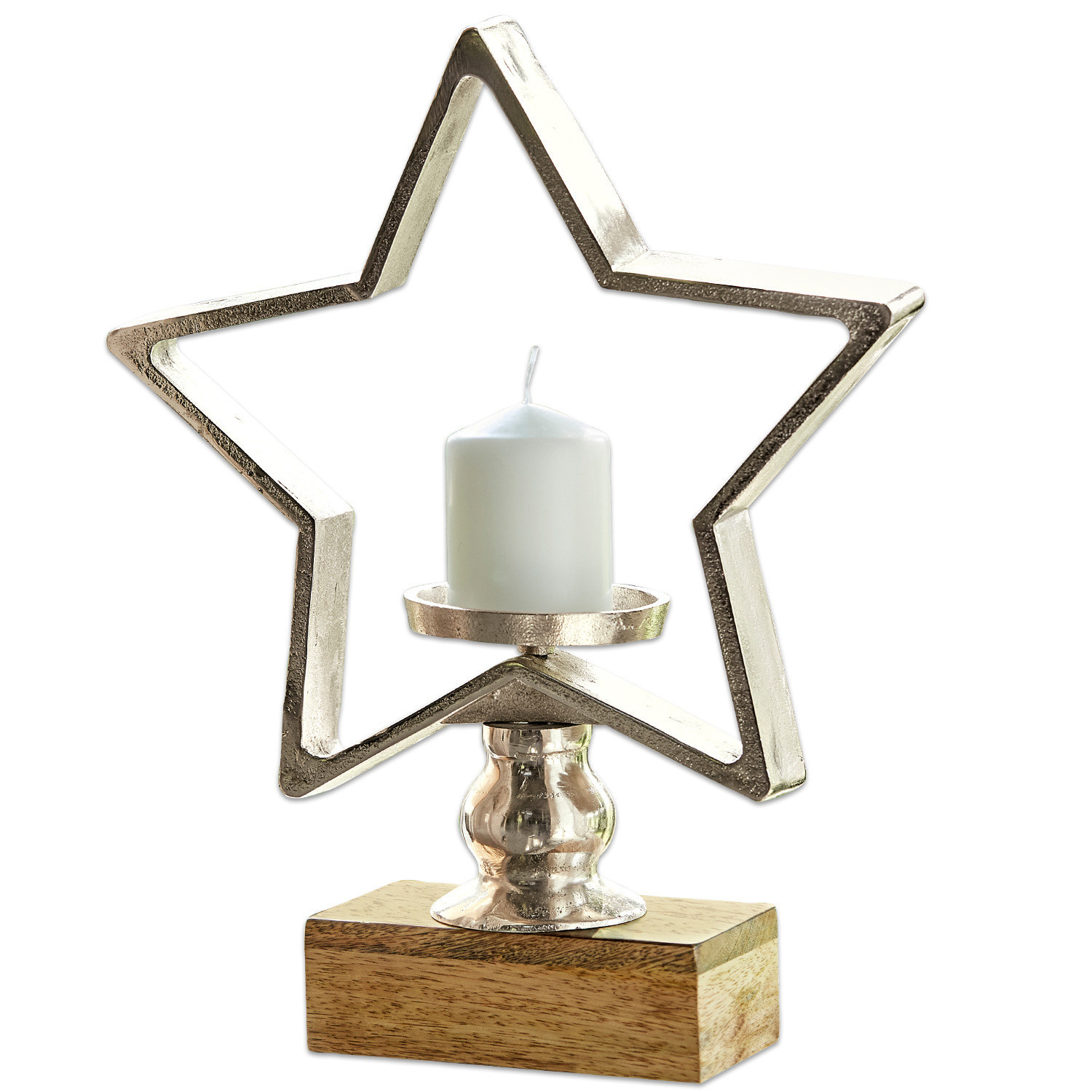 Bougeoir Orla Bougeoir en métal en forme d'étoile sur socle en bois avec une bougie blanche décorative