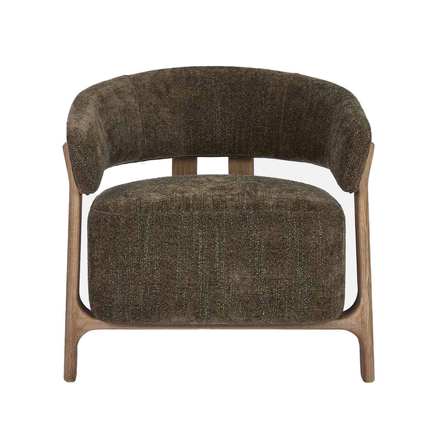 Fauteuil avec assise et dossier en tissu vert foncé sur cadre en bois, design moderne et confortable