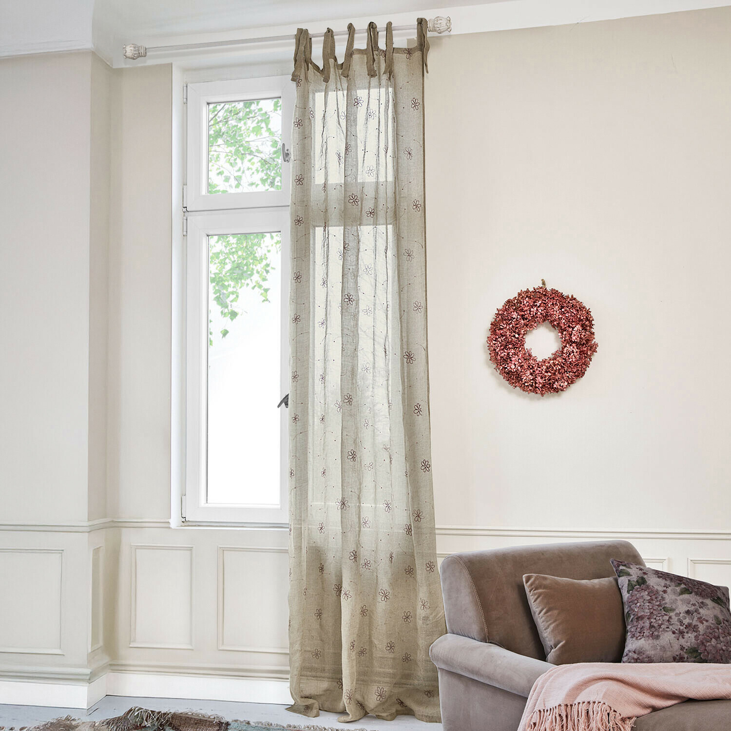 Voilage Amélorie Voilage en lin beige transparent avec motif floral pour décoration de fenêtre dans un salon